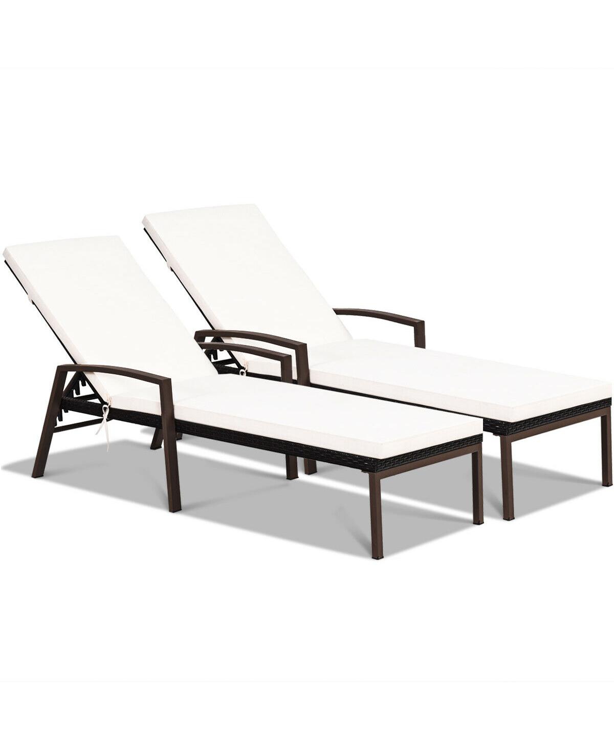 Sugift 2 Pieces Patio Rattan Reclining Chaise Lounge Chair with Cushion and Armrest - White
