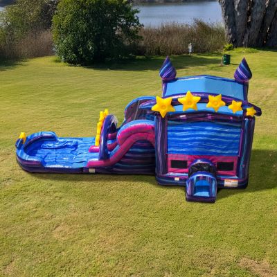 Galaxy Commercial Grade Bounce House Water Dual Lane Slide with Detachable Pool & Air Blower, Tunnel Entrance, Basketball Hoop, Wet Dry Use, Obstacle Pop Ups