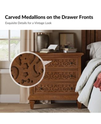 Talona 29'' W Transitional Carved 3 - Drawer End Table with Built-In Outlets and Solid Wood Legs