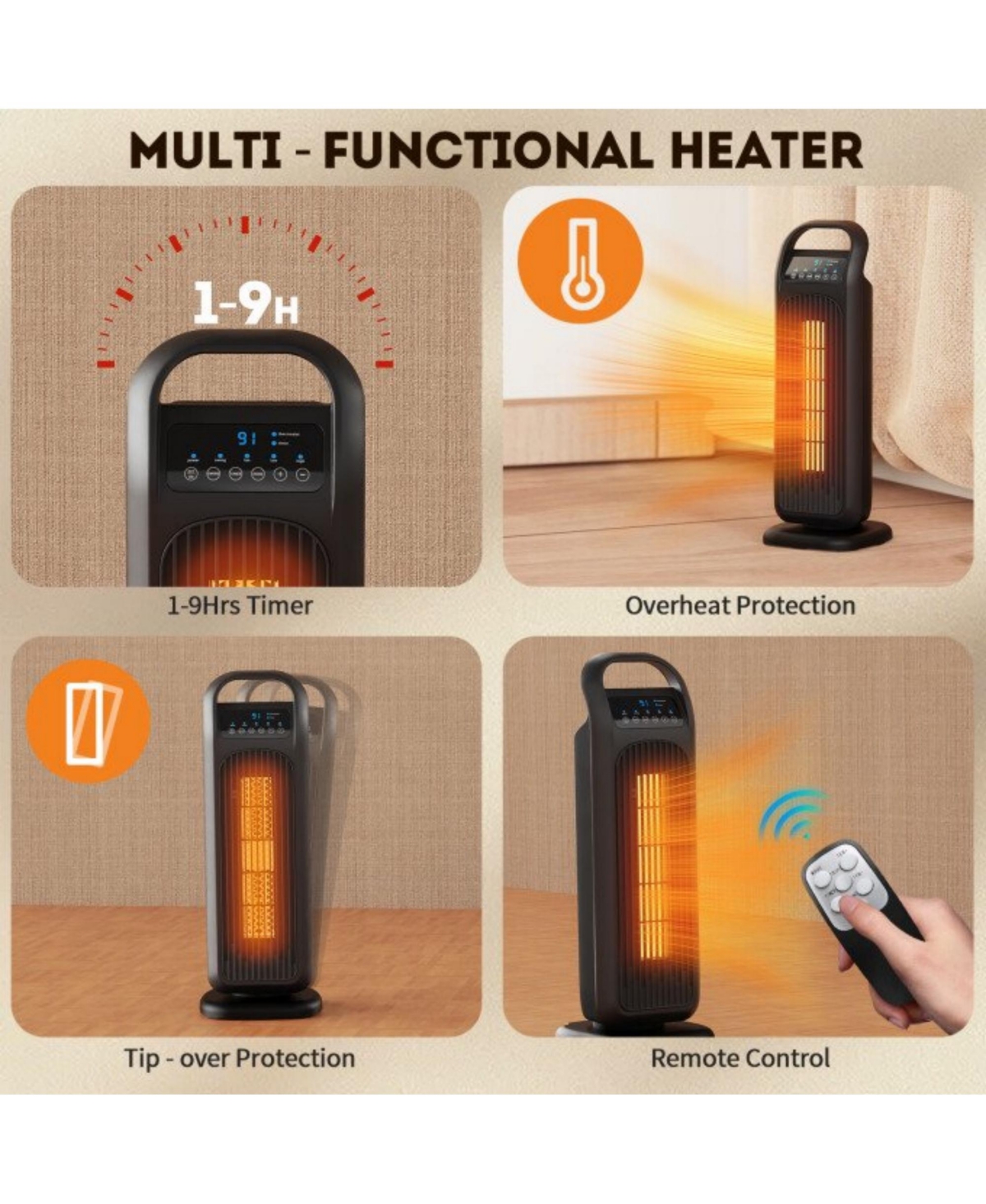 Sugift 1500W Oscillation Space Heaters, Portable Electric Heater with Remote for Inside, Office and Bedroom
