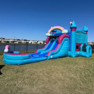 I'MPERFECTLY Commercial Grade Bounce House Water Slide with Dual Lane and Detachable Pool for Kids and Adults (with Blower), Tunnel Entrance, Basketball Hoop, Wet Dry Use, Obstacle Pop Ups