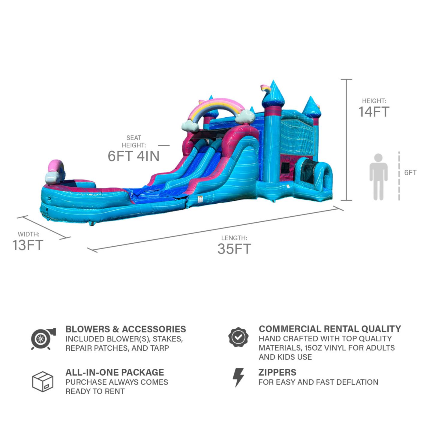 Детская игрушка Jumporange I'Mperfectly Dual Lane Water Slide with Detachable Pool Bounce House, 35'L x 13'W x 14'H, Ages 3+, цвет: Синий / Розовый — фото 3