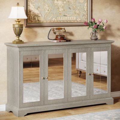 55.12 Mirrored Buffet Cabinet with Storage Vintage Buffet Cabinet with 4 Doors and Adjustable Shelves Wood Sideboard Buffet Cabinet for Living