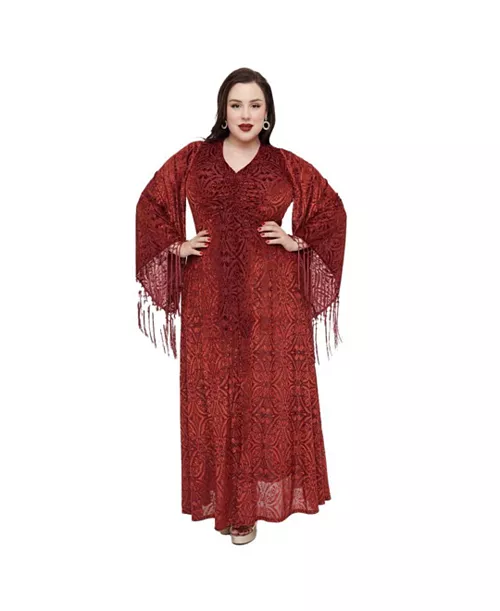 plus size fringed long bell sleeved ruched maxi dress