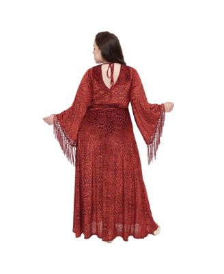 Plus Size Fringed Long Bell Sleeved Ruched Maxi Dress