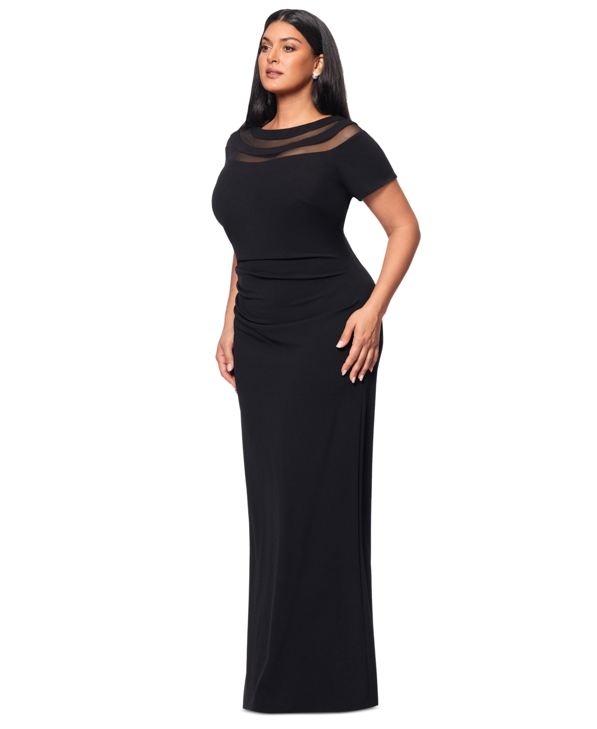 Xscape Plus Size Illusion Boat-neck Short-sleeve Gown In Black