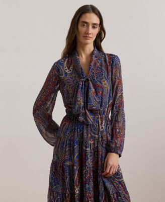 Lauren Ralph Lauren Women's Paisley Chiffon Tiered Tie-Neck Dress