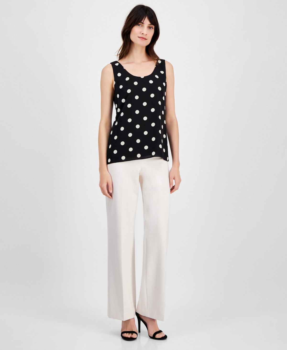 Anne Klein Petite Dot-Print Sleeveless Scoop-Neck Top -Anne White