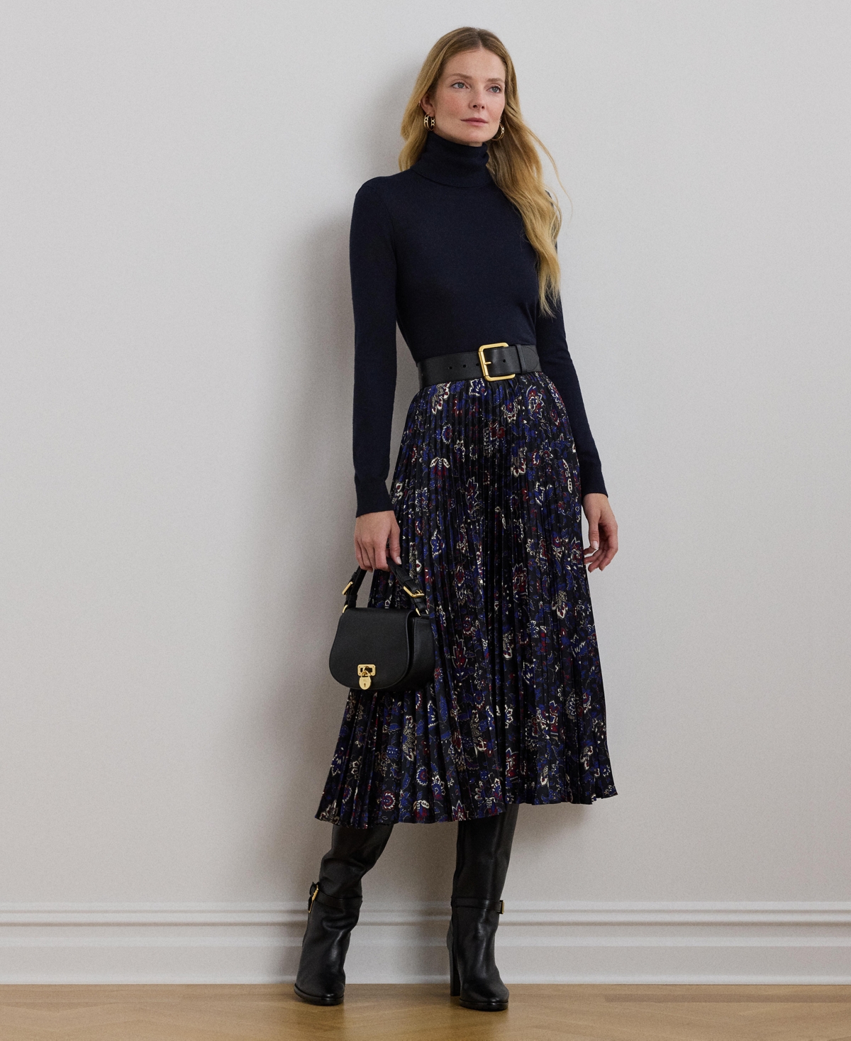 Lauren Ralph Lauren Women's Floral Pleated Satin Charmeuse Skirt