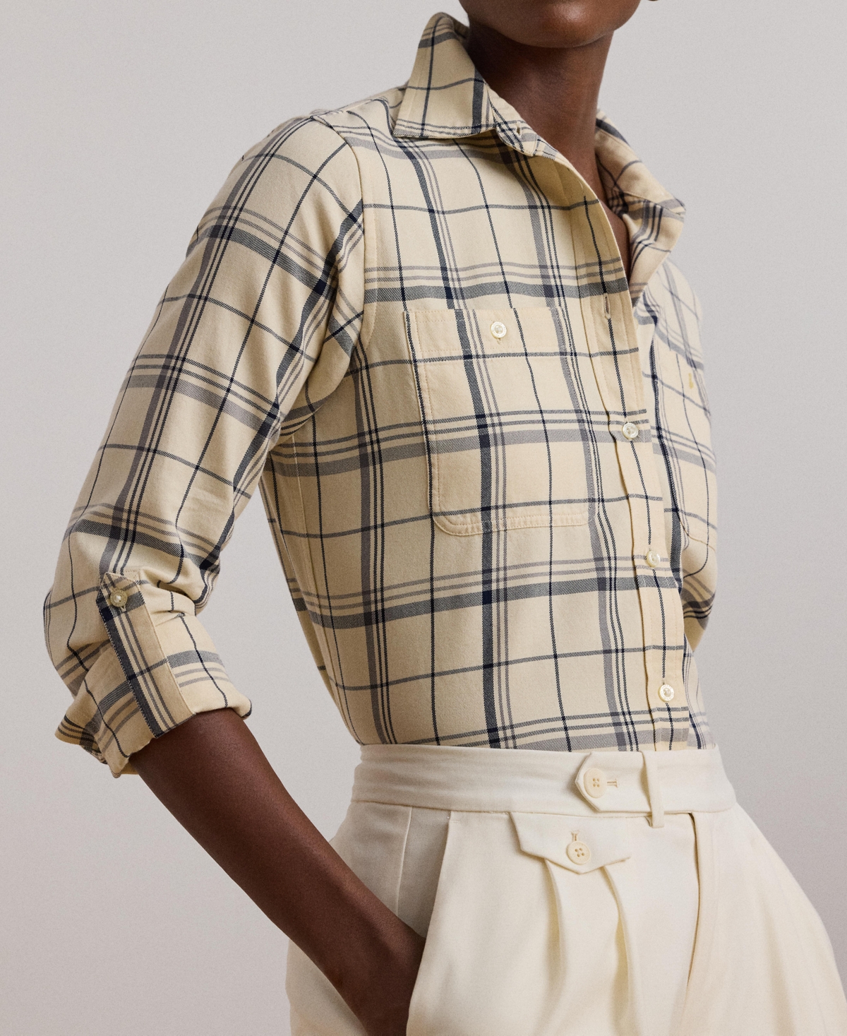 Lauren Ralph Lauren Women's Relaxed-Fit Plaid Roll-Tab-Sleeve Shirt -navy