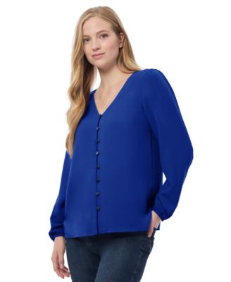 Jones New York Womens V Neck Button Front Top with Long Sleeves Jasper Crepe 6090₽
