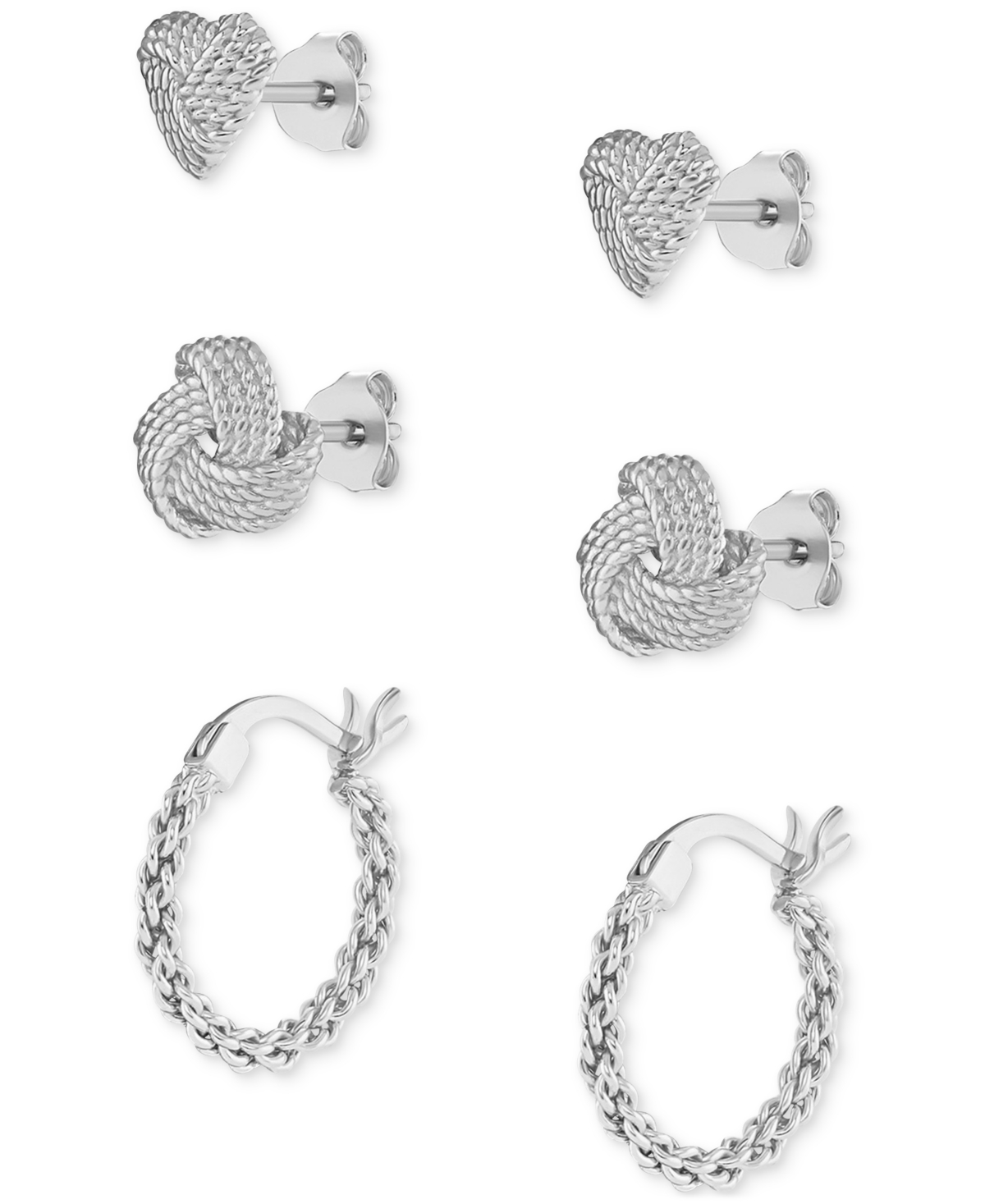 Macy's 3-pc. Set Loveknot Stud & Twisted Hoop Earrings In 18k Gold Over Sterling Silver Or Sterling Silver In Silver