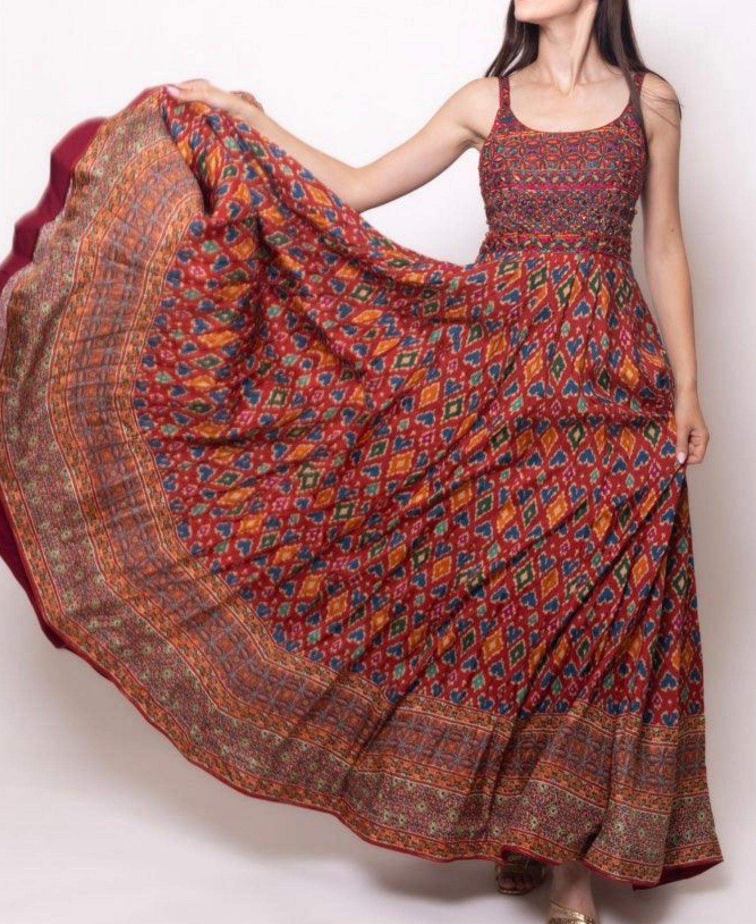 Women's Red Patola Print Gown with Embellishment on Torso
