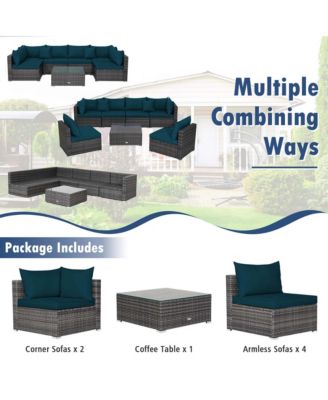 7PCS Patio Rattan Furniture Set Sectional Sofa Cushioned Garden Peacock