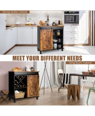 32" Barn Door, 3-Tier Shelves, Detachable Wine Rack, Industrial Style Farmhouse Sideboard Cabinet