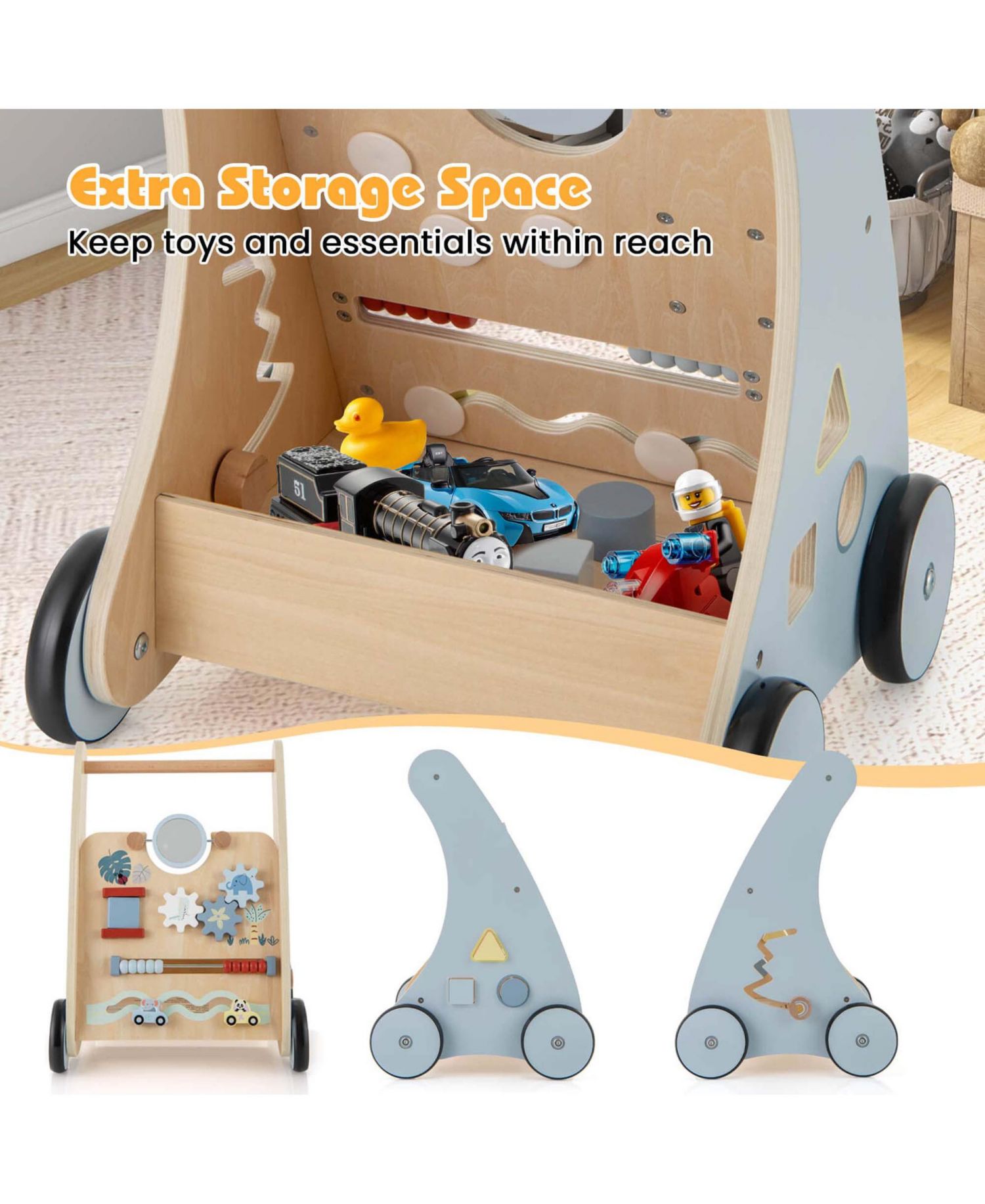 Wooden Baby Walker Push & Pull Walker with Multi-Activity Center