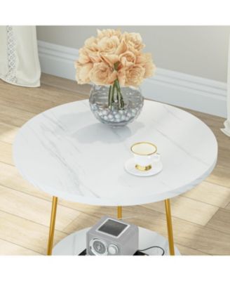Faux Marble End Table Set of 2, 2 Tier Round Side Table with Shelves, Modern Gold Nightstand Bedside Table Small Coffee Accent Table for Living Room Bedroom, White and Gold