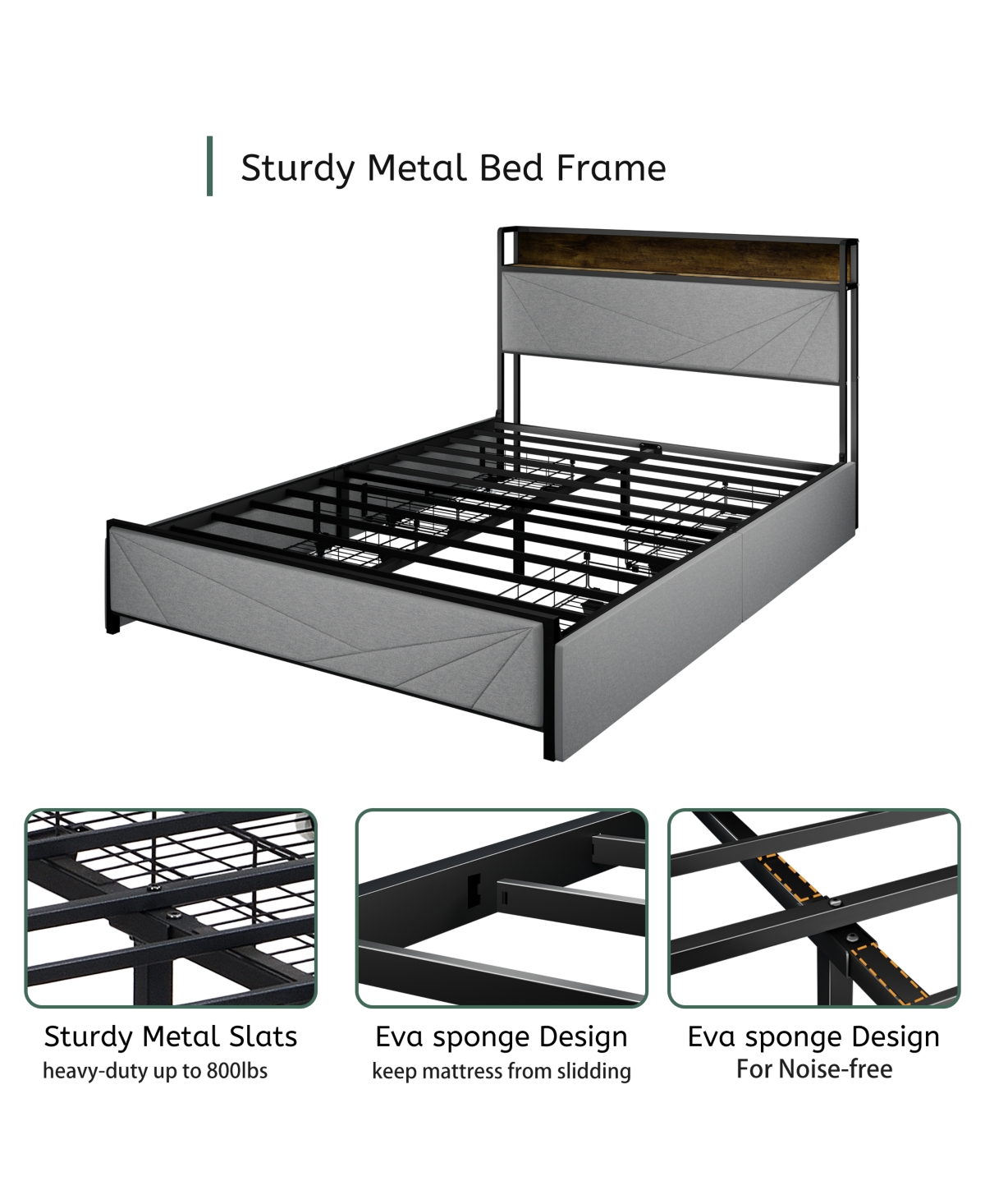 Streamdale Furniture Size Bed Frame with 4 Storage Drawers and 2 Usb Ports, Upholstered Platform Bed Frame with Storage Headboard Charging Stati