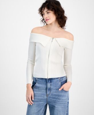 Bar III - Women's Off-The-Shoulder Zippered Long-Sleeve Top