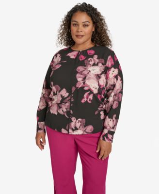 Calvin Klein - Plus Size Floral-Print Keyhole Blouse