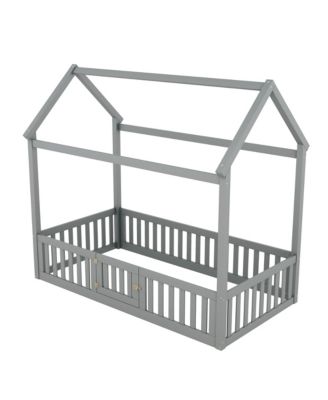 Streamdale Twin Size Wood House Bed with Fence and Door, Gray