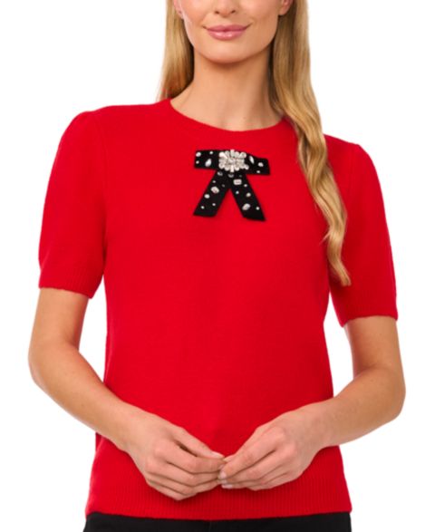 Женский свитер CeCe Ribbon-Trim Short-Sleeve, цвет: Яркий вишнёвый