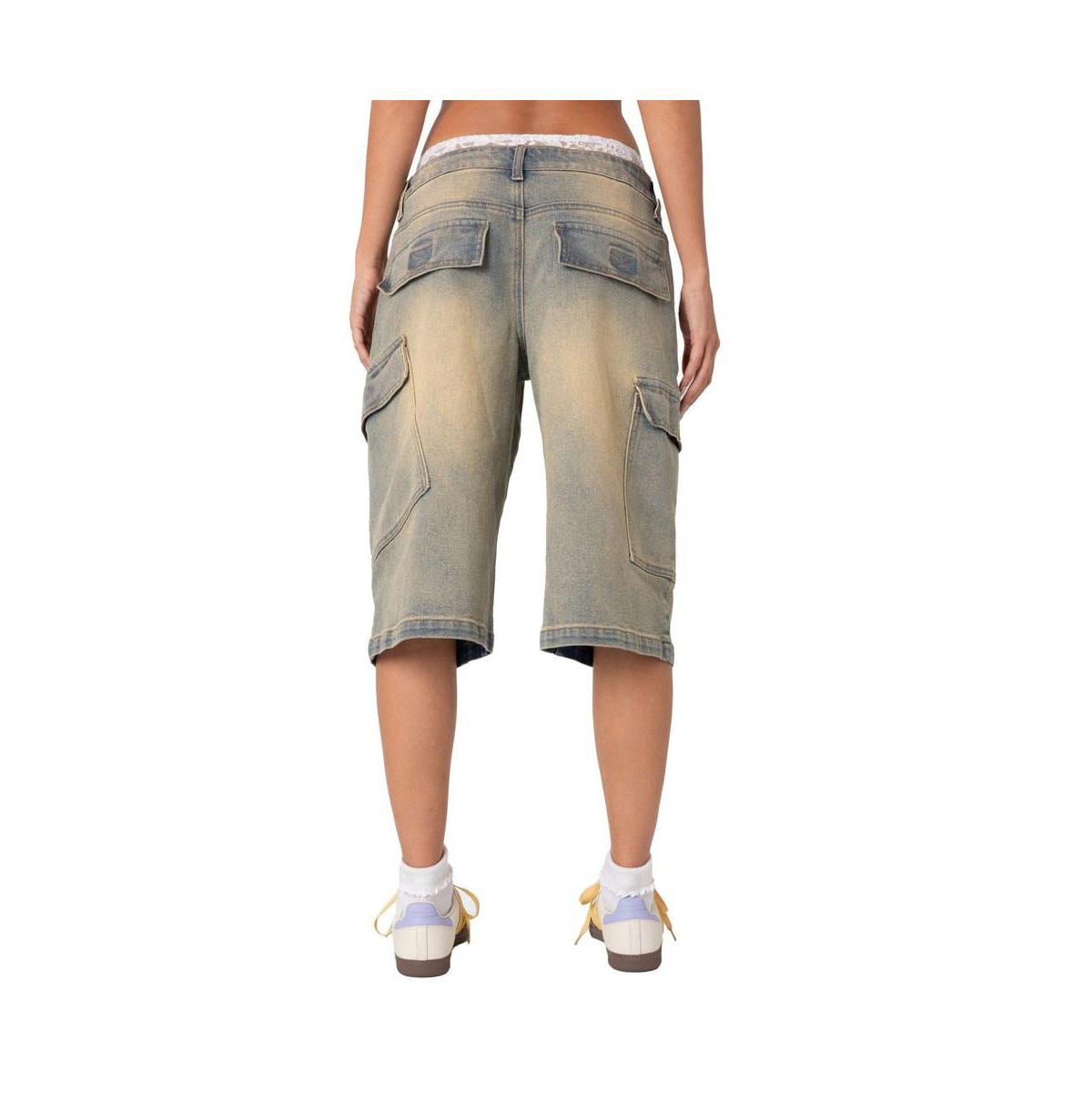 Edikted Women's Lace Boxer Denim Bermuda Shorts - Blue-vintage-washed