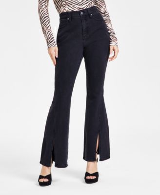 Bar III - Women's Black Wash Front-Slit Flare-Leg Jeans