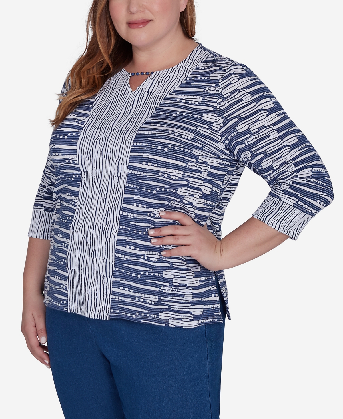 Alfred Dunner Plus Size Lake Victoria Split Neck Spliced Texture Top