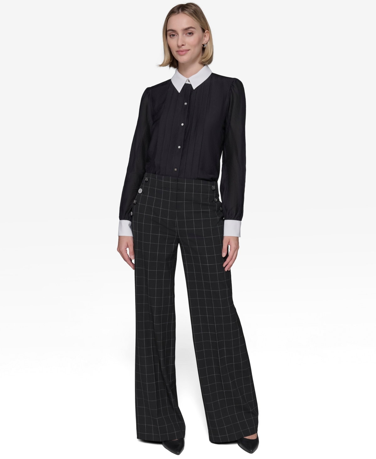 Karl Lagerfeld Paris Women's Sailor Windowpane Wide-Leg Pants -sft Wt