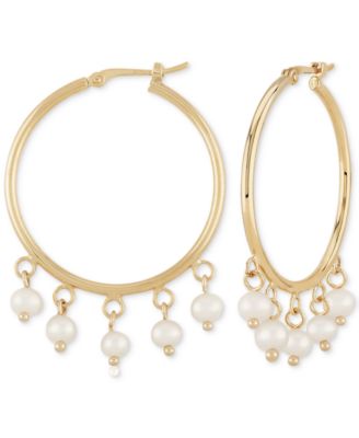 White Pearl (3mm) Drop Hoop Earrings in 14k Yellow Gold