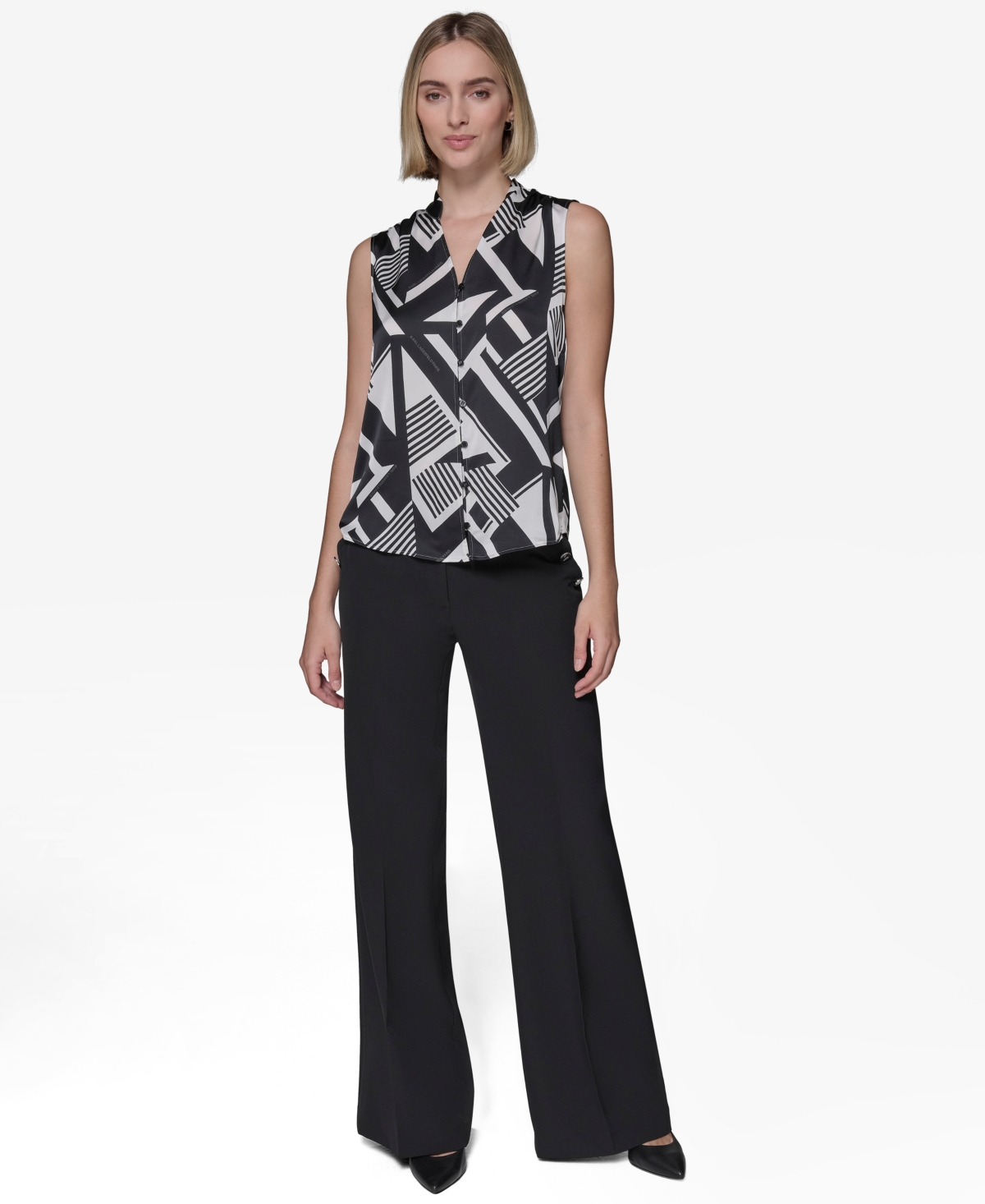 Karl Lagerfeld Paris Women's Printed V-Neck Blouse -bl
