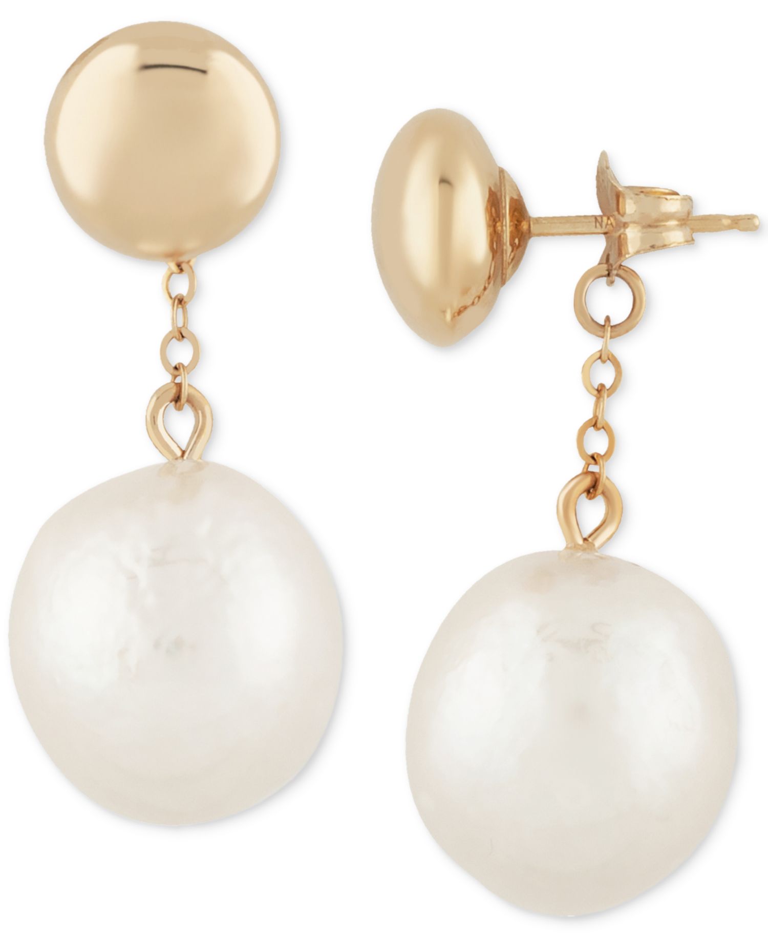 White Baroque Pearl (12mm) Flat Ball Drop Earrings in 14k Yellow Gold