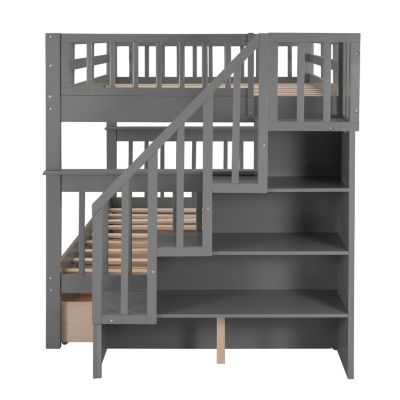  Stairway Full-Over-Full Bunk Bed w/ Drawer & Storage
