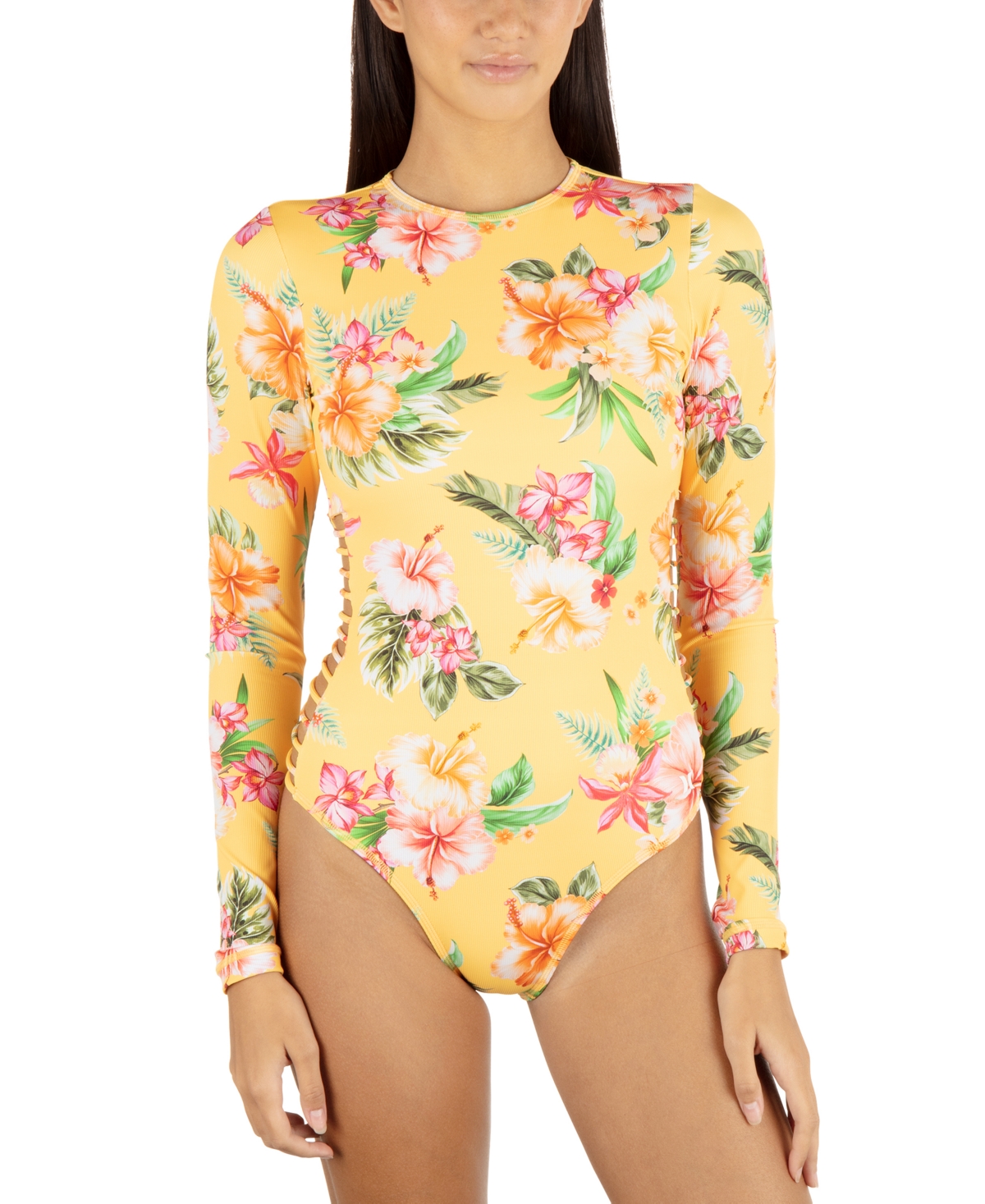 HURLEY JUNIORS' MALIA FLORAL-PRINT CUT-OUT BACK-ZIP SURF SUIT 