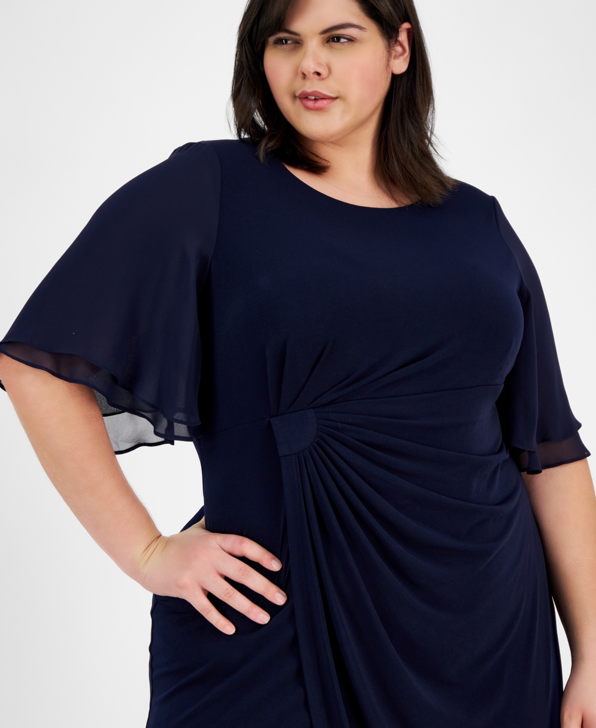 Connected Plus Size Draped Flutter-sleeve Sheath Dress In Navy