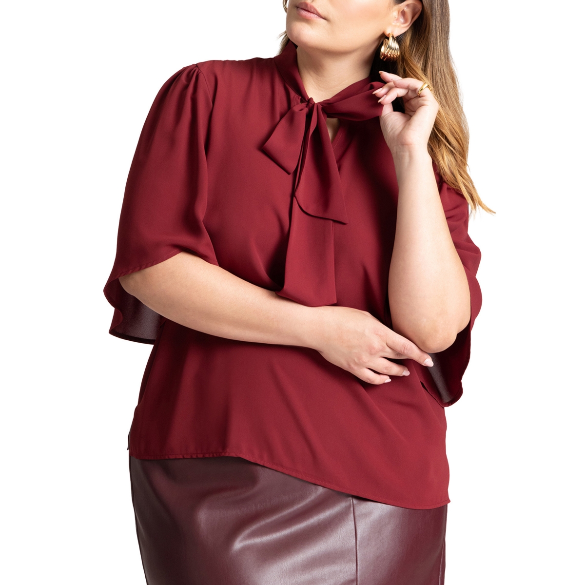 Plus Size Bow Blouse With Flutter Sleeve - Cabernet