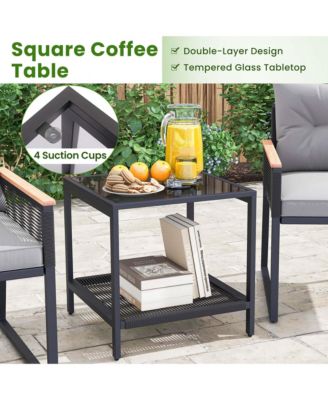 3 PCS Outdoor Conversation Set with 2-Layer Side Table Acacia Wood Armrests