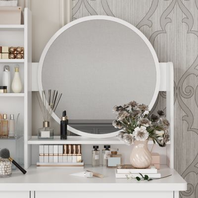 1 Pc Pink Wood 5-Drawer Vanity Set with Mirror, Stool & Storage Shelves – Dressing Table