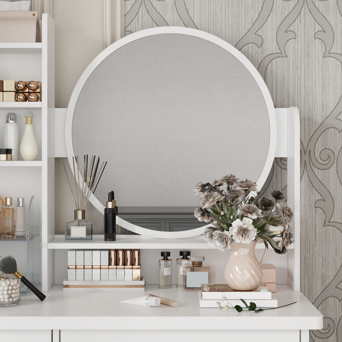 Famapy 5-Drawers Pink Makeup Vanity Dressing Table Set with Stool, Mirror and Storage Shelves Girls Dressing Table