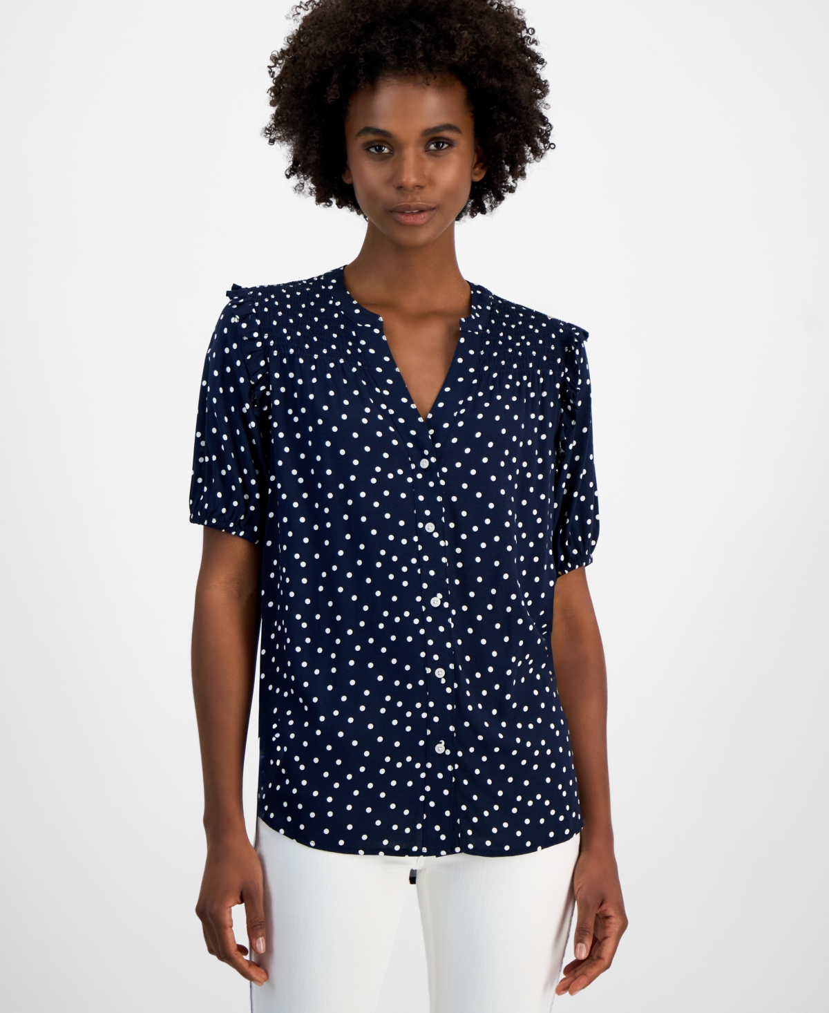Tommy Hilfiger Women's Dot-print Smocked-yoke Shirt In Sky Captain,bright White