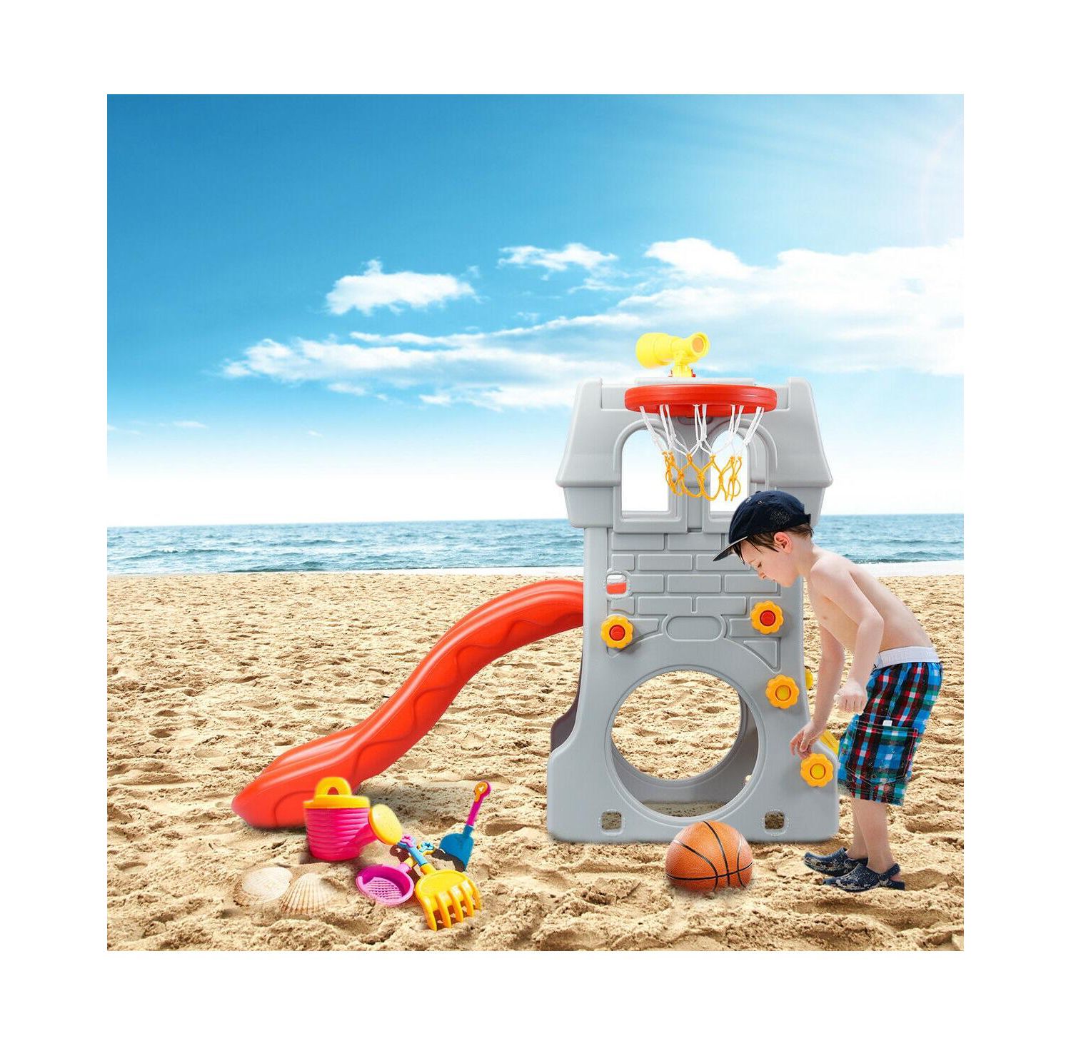 Toddler 5 in 1 Climber Slide Playset with Basketball Hoop