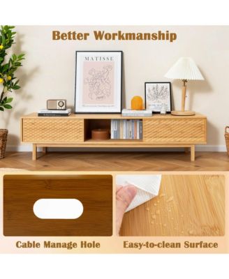 63" Bamboo TV Stand with 3 Storage Cubes Sliding Doors Mid Century Storage Cabinet