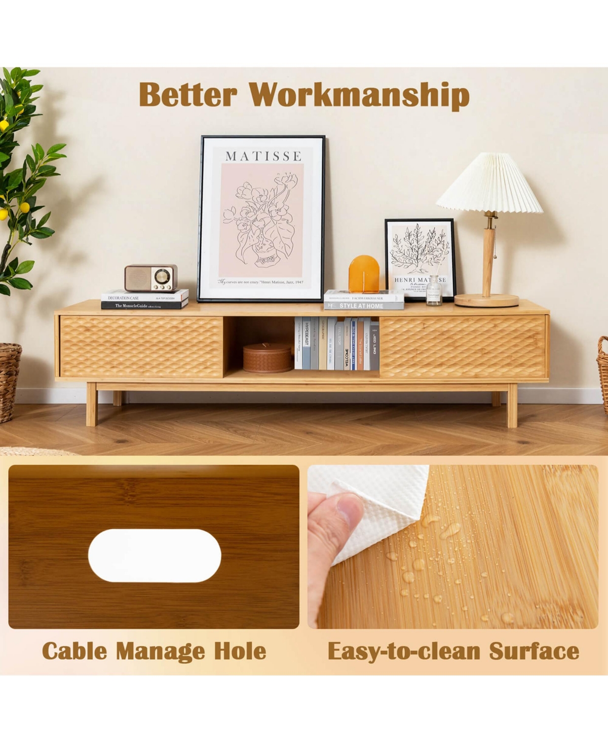 Costway Bamboo Tv Stand with 3 Storage Cubes Sliding Doors Mid Century Storage Cabinet