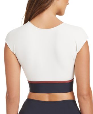 Women's Button Down Cap-Sleeve Cropped Bikini Top 