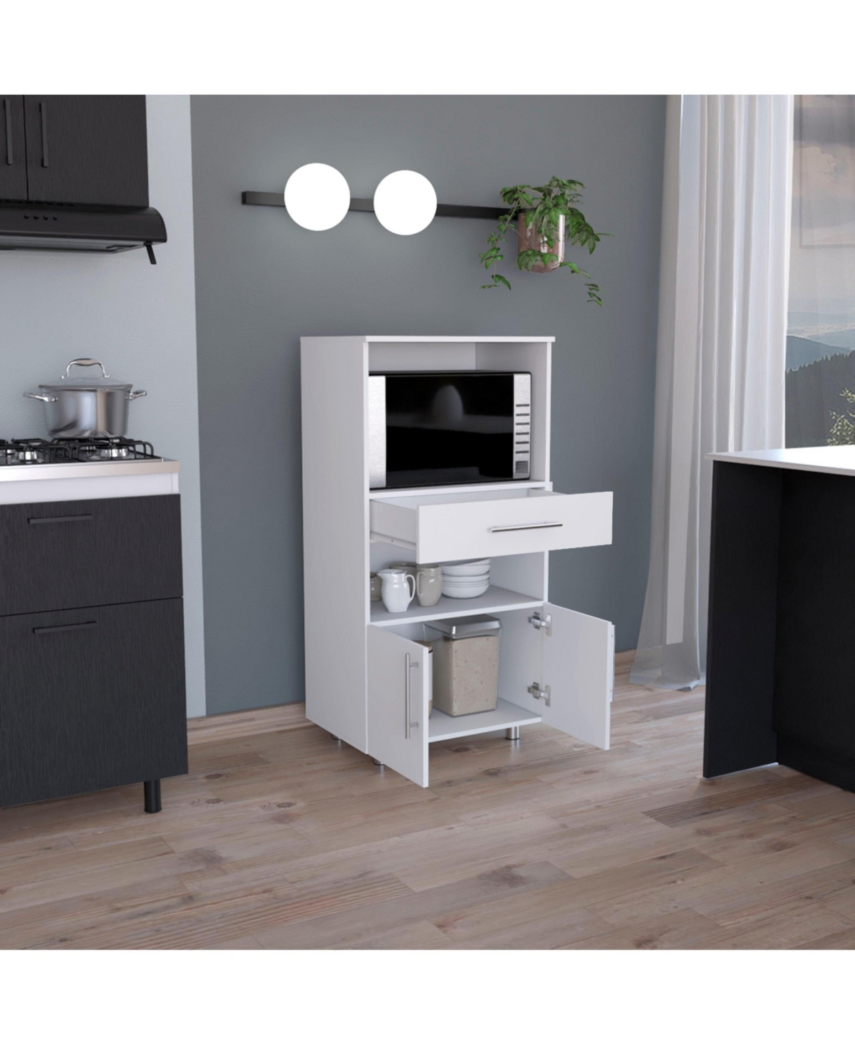 Depot E-Shop Wales Kitchen Pantry H, Two Open Storage Shelves, One for Microwave, Two Doors, Four Legs
