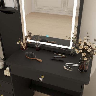 4-Drawer Vanity Set – Wood Makeup Table with LED Sliding Mirror, Stool, Cabinet & Shelves