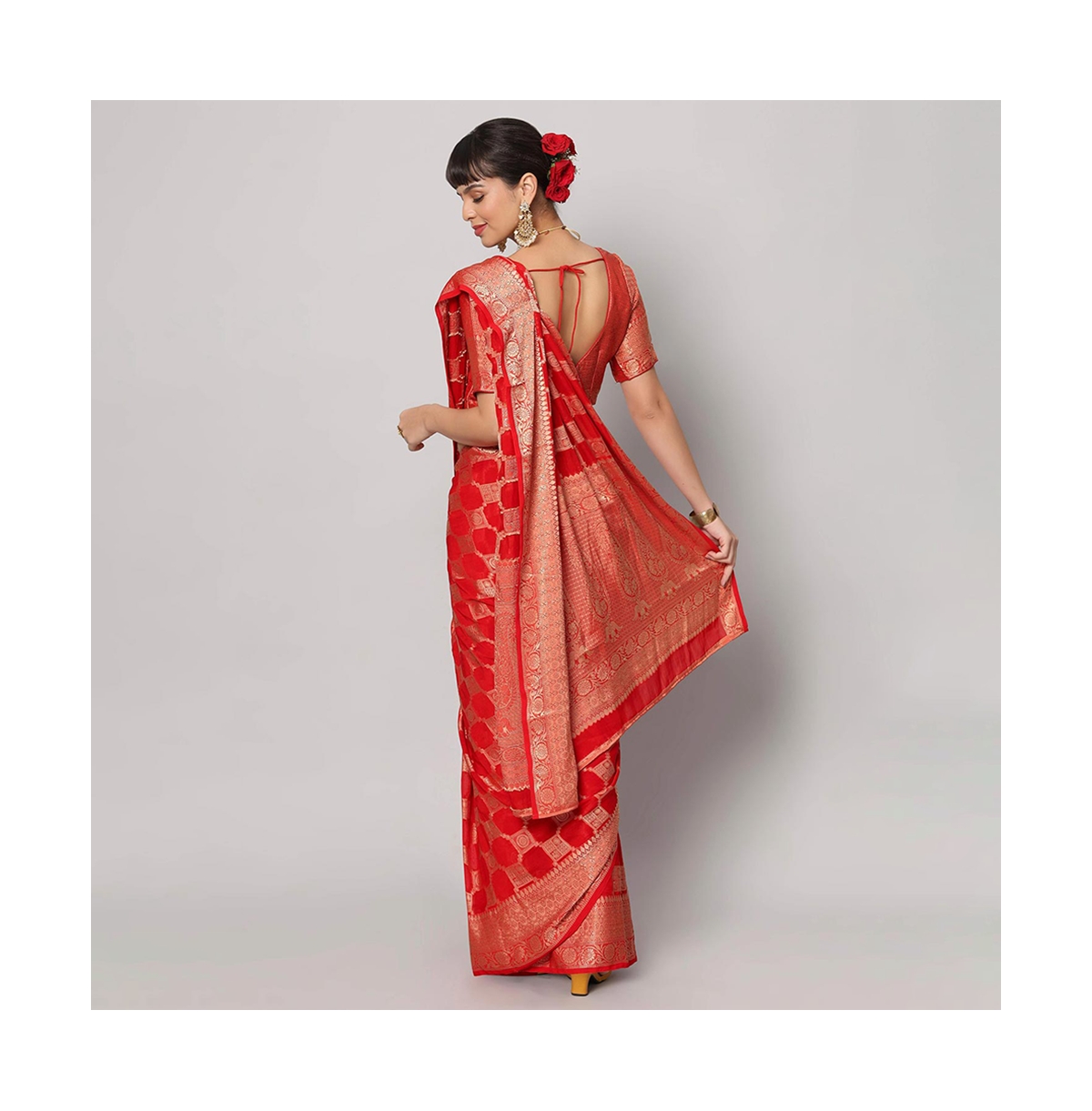 One Minute Saree Petite JivaGold Embroidered Georgette Ready to Wear Sari - Red