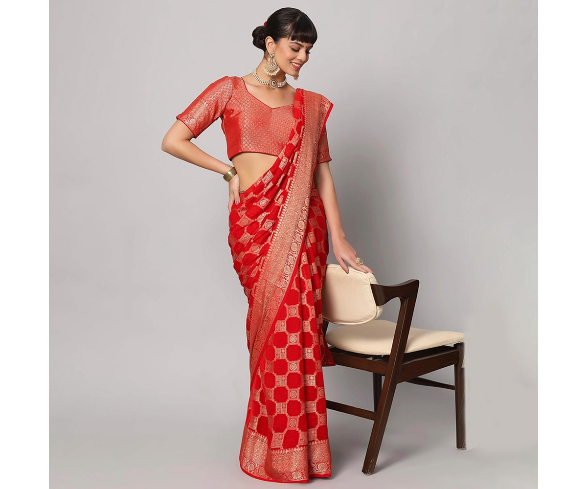 One Minute Saree Petite JivaGold Embroidered Georgette Ready to Wear Sari - Red