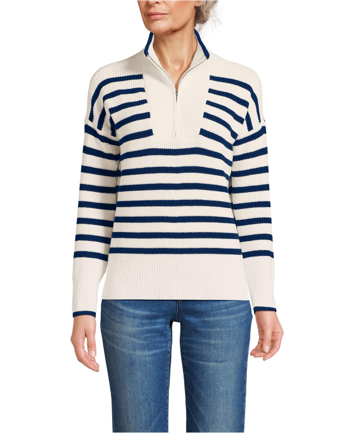 Women's Petite Drifter Cotton Quarter Zip Pullover Sweater - Ivory/navy stripe